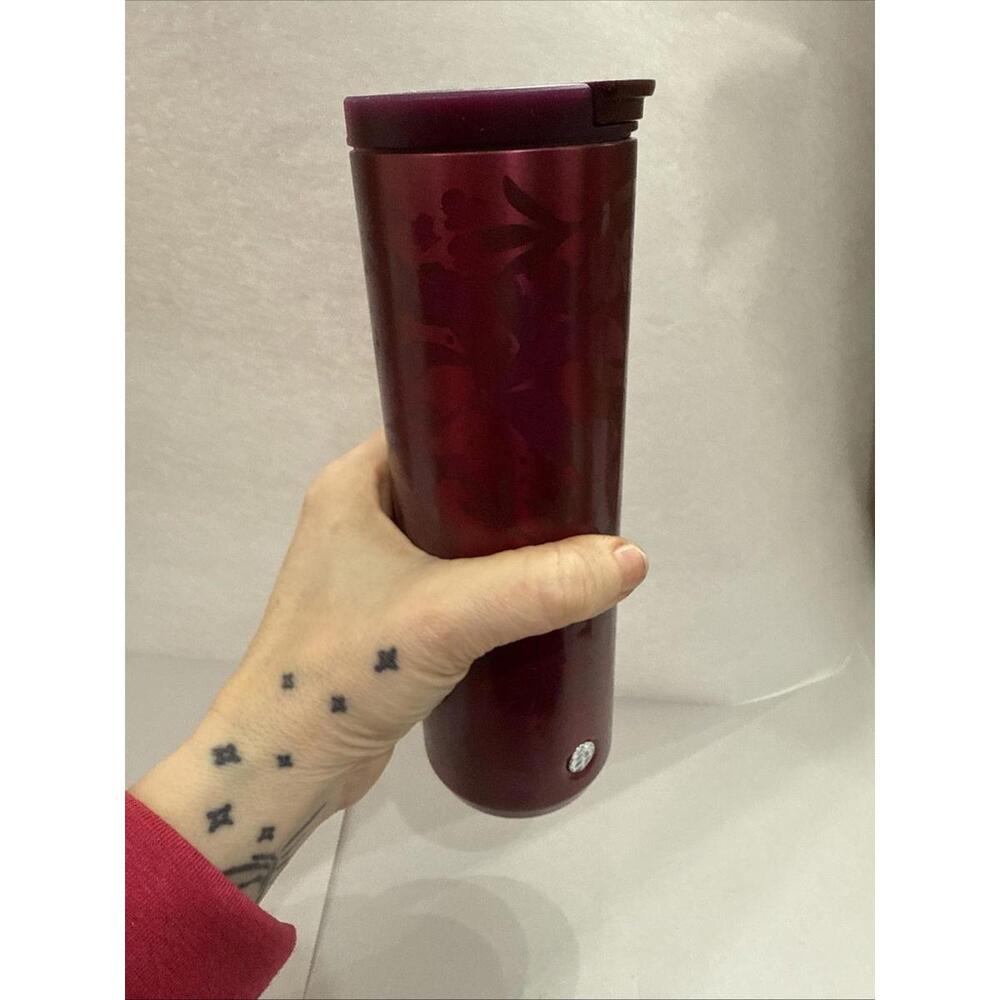 Starbucks Rare Holiday Plum Maroon Floral Insulated Hot Mug Tumbler 16oz New - Picture 6 of 8